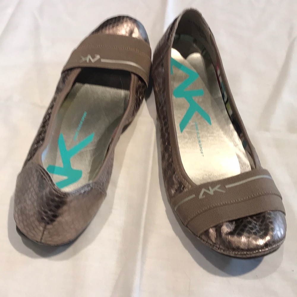Anne Klein Sport Metallic Taupe Snake-Print Ballet Flats with Elastic Strap